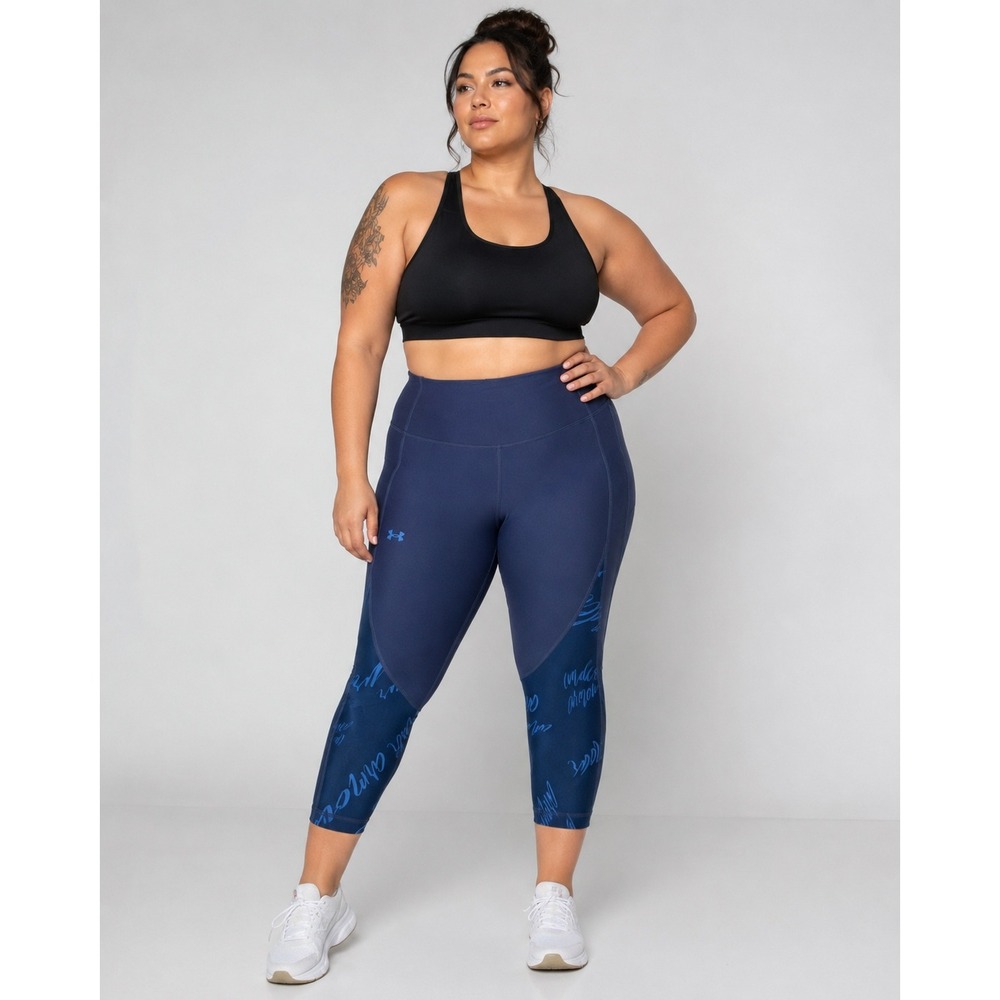 Under Armour HeatGear Compression Leggings Navy Blue Script Graphic Crop XL